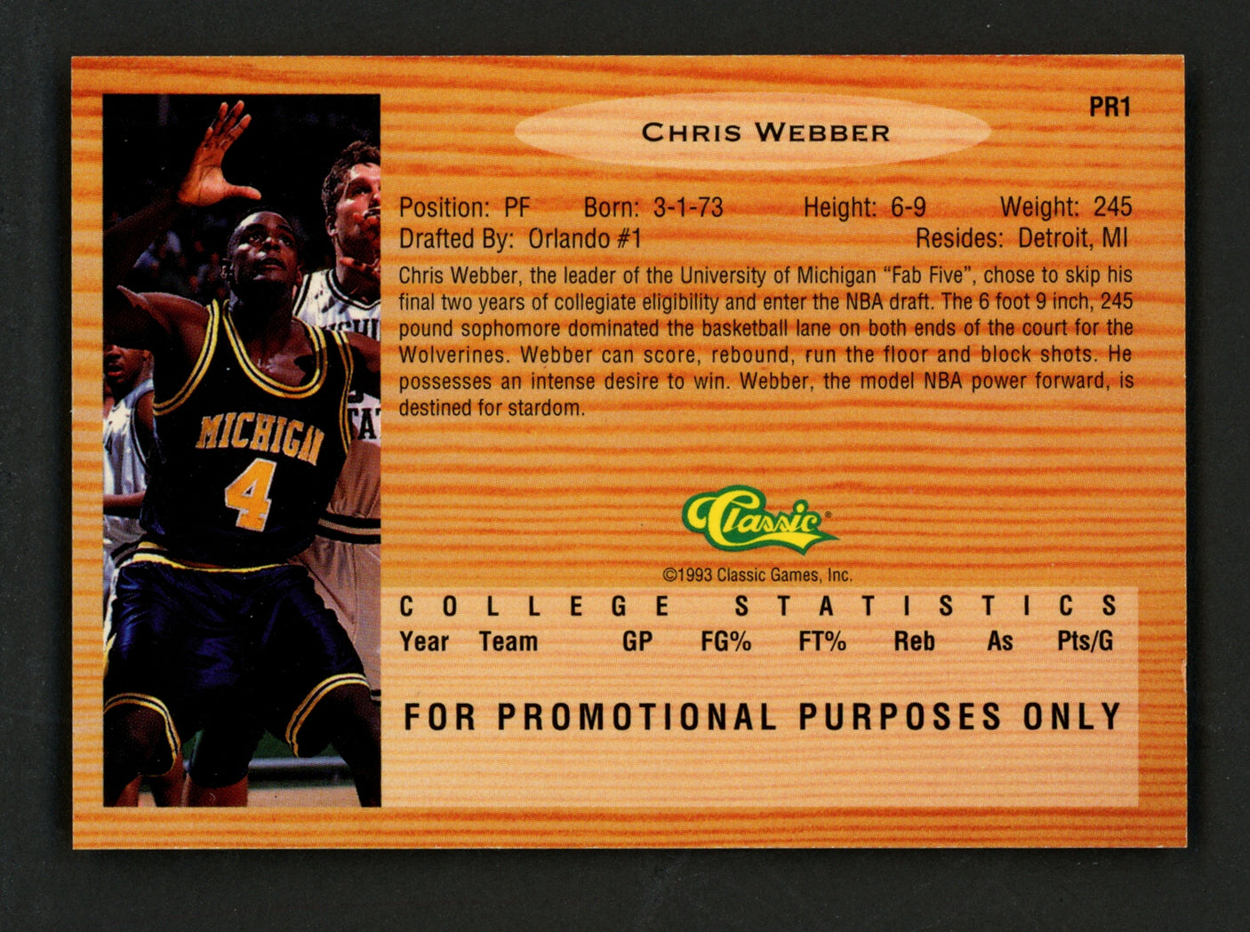 Chris Webber Autographed 1993-94 Classic Promo Rookie Card University of Michigan #645/2500 SKU #253125