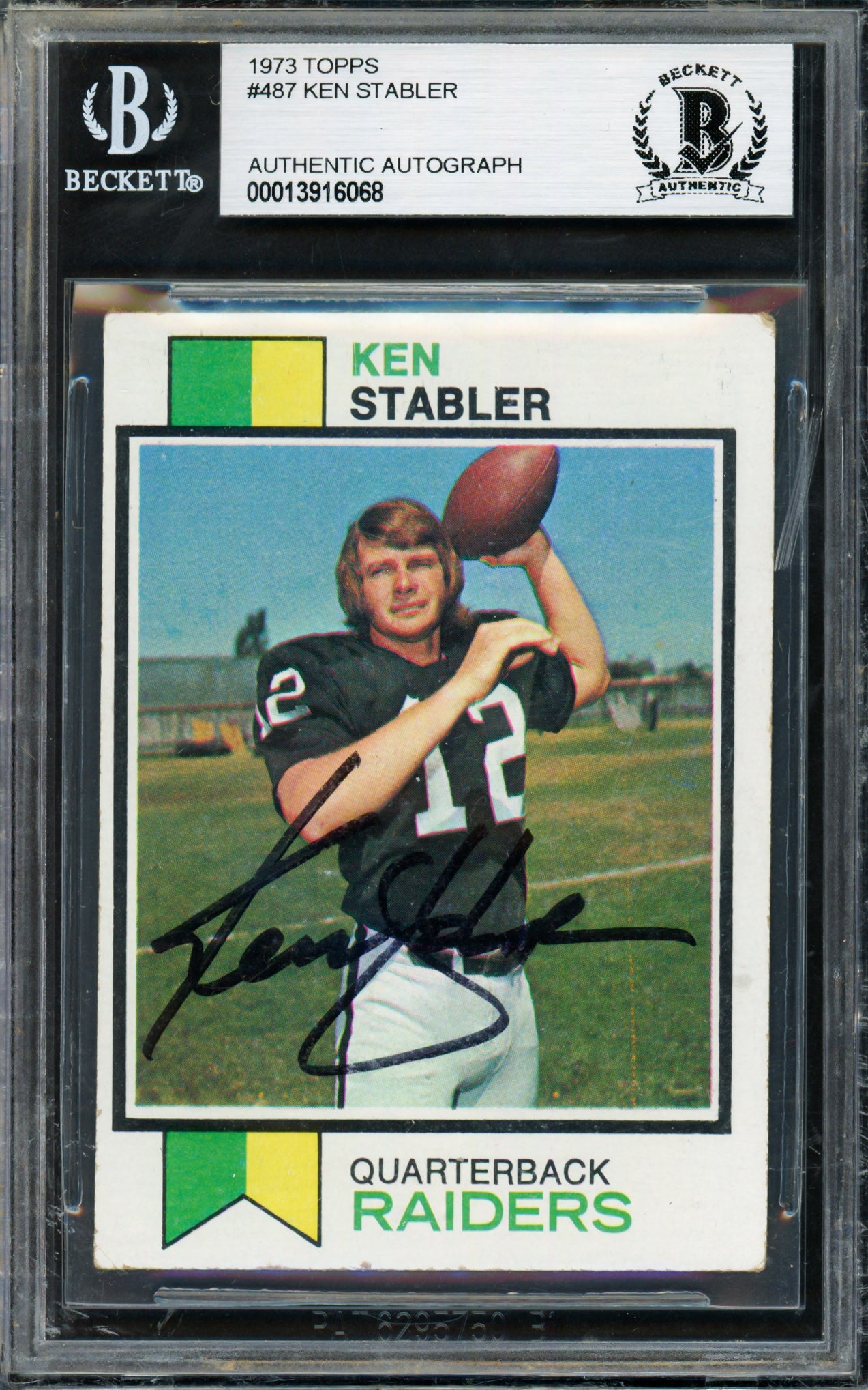 Ken Stabler Autographed 1973 Topps Rookie Card #487 Oakland Raiders (Damaged Back) Beckett BAS #13916068