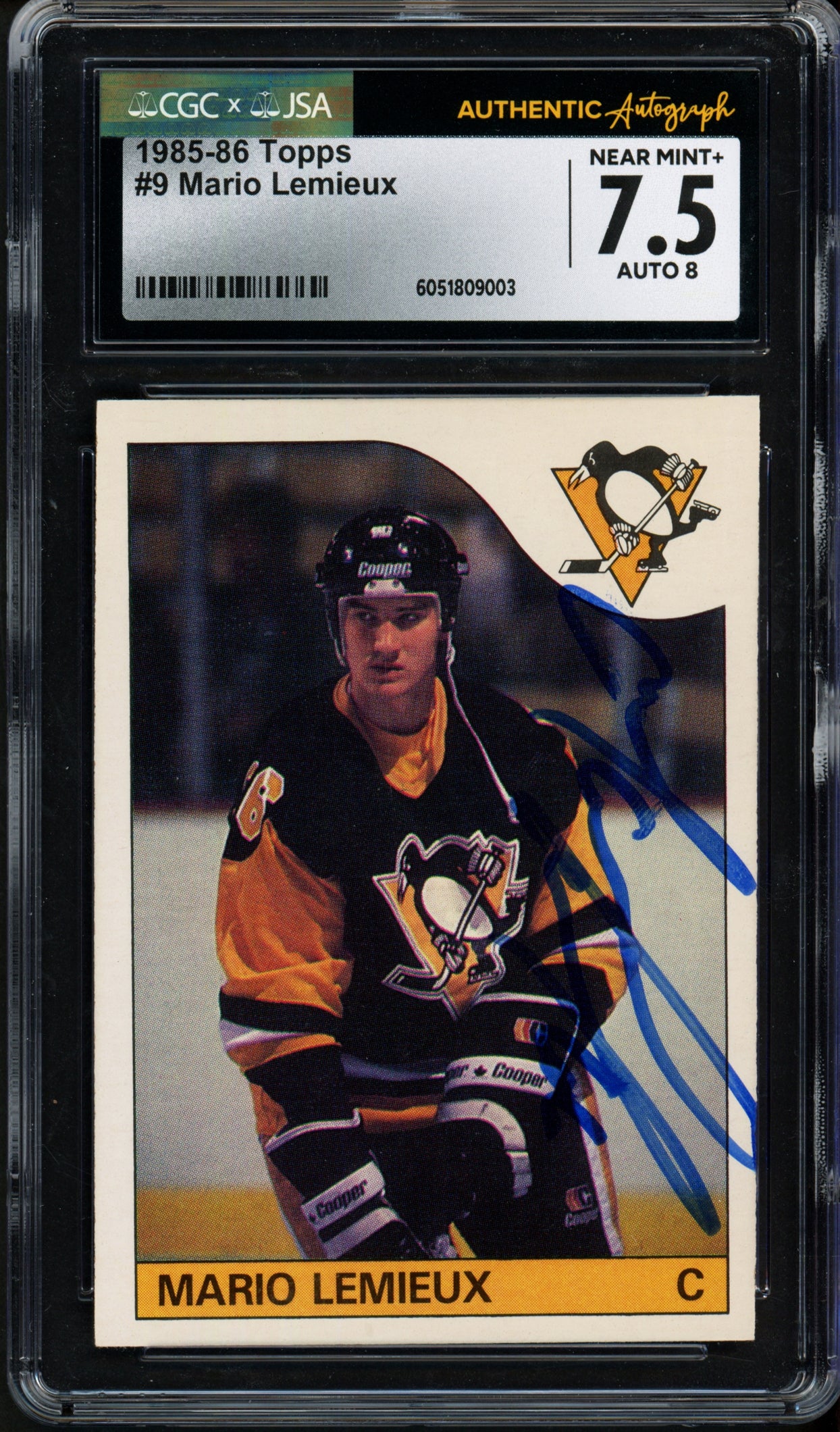 Mario Lemieux Autographed 1985-86 Topps Rookie Card #9 Pittsburgh Penguins JSA 7.5 Auto Grade Near Mint/Mint 8 JSA #6051809003