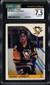 Mario Lemieux Autographed 1985-86 Topps Rookie Card #9 Pittsburgh Penguins JSA 7.5 Auto Grade Near Mint/Mint 8 JSA #6051809003