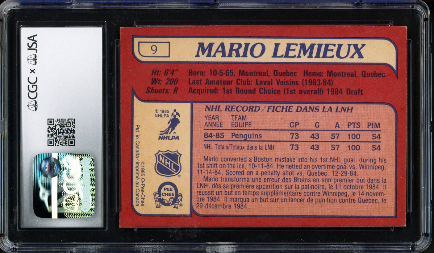Mario Lemieux Autographed 1985-86 Topps Rookie Card #9 Pittsburgh Penguins JSA 7.5 Auto Grade Near Mint/Mint 8 JSA #6051809003