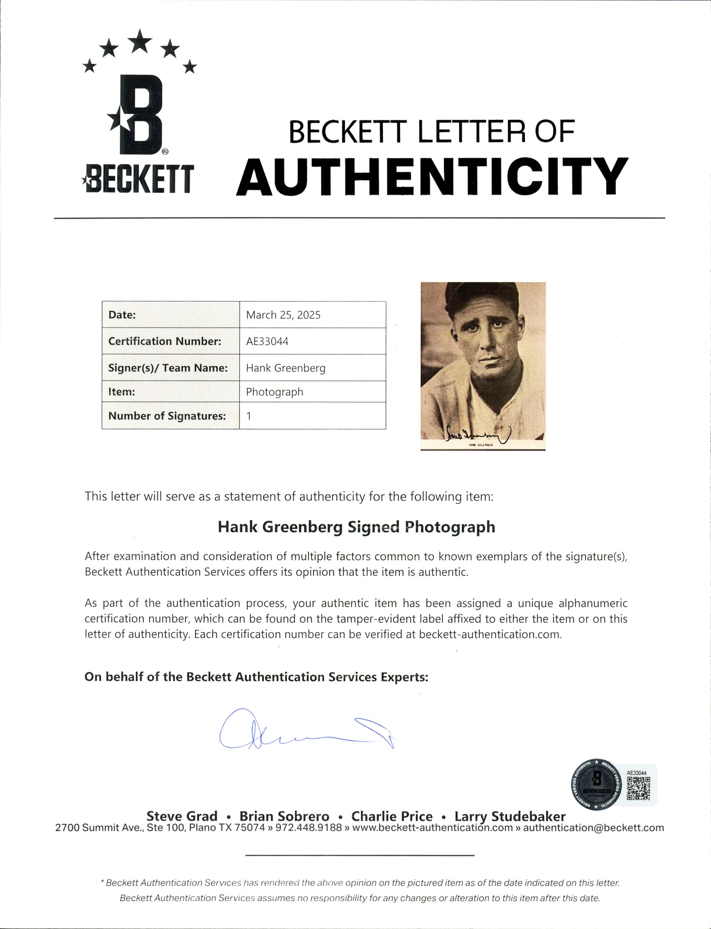 Hank Greenberg Autographed 8x10 Photo Detroit Tigers Beckett BAS #AE33044