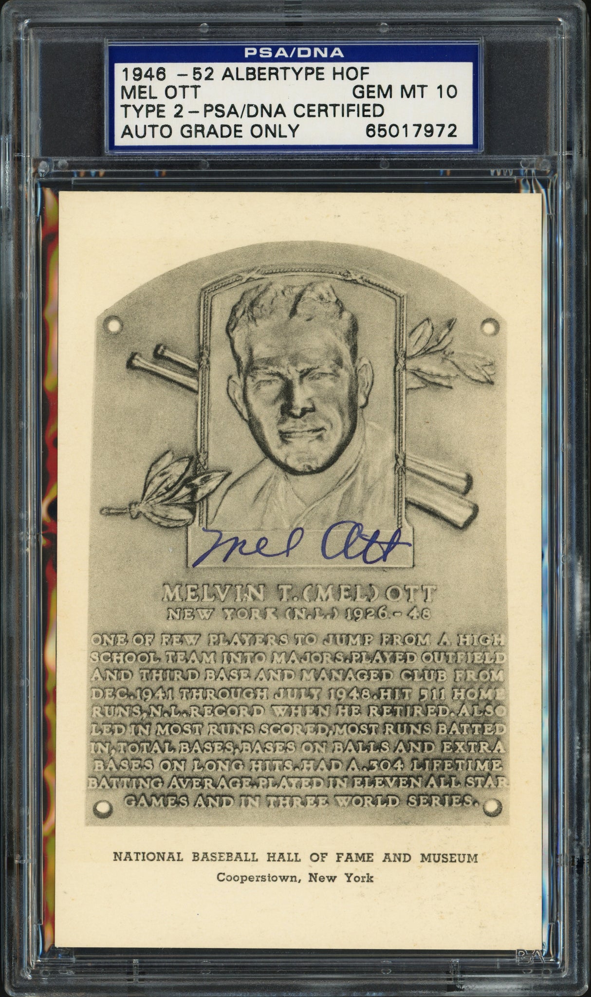 Mel Ott Autographed 1946-52 Albertype Hall of Fame HOF Plaque Postcard New York Giants Auto Grade Gem Mint 10 PSA/DNA #65017972