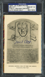 Mel Ott Autographed 1946-52 Albertype Hall of Fame HOF Plaque Postcard New York Giants Auto Grade Gem Mint 10 PSA/DNA #65017972