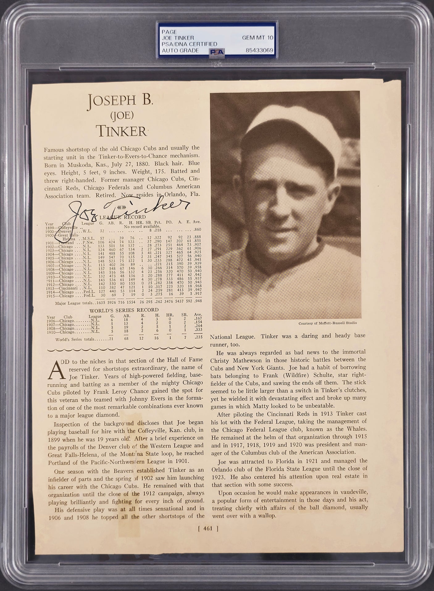 Joe Tinker Autographed 8.5x11 Magazine Page Chicago Cubs Auto Grade Gem Mint 10 PSA/DNA #85433069