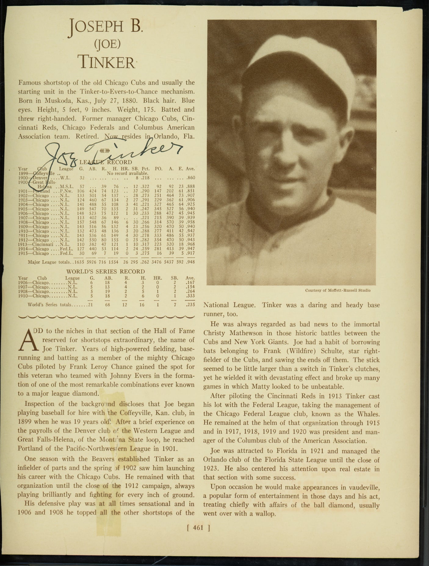 Joe Tinker Autographed 8.5x11 Magazine Page Chicago Cubs Auto Grade Gem Mint 10 PSA/DNA #85433069