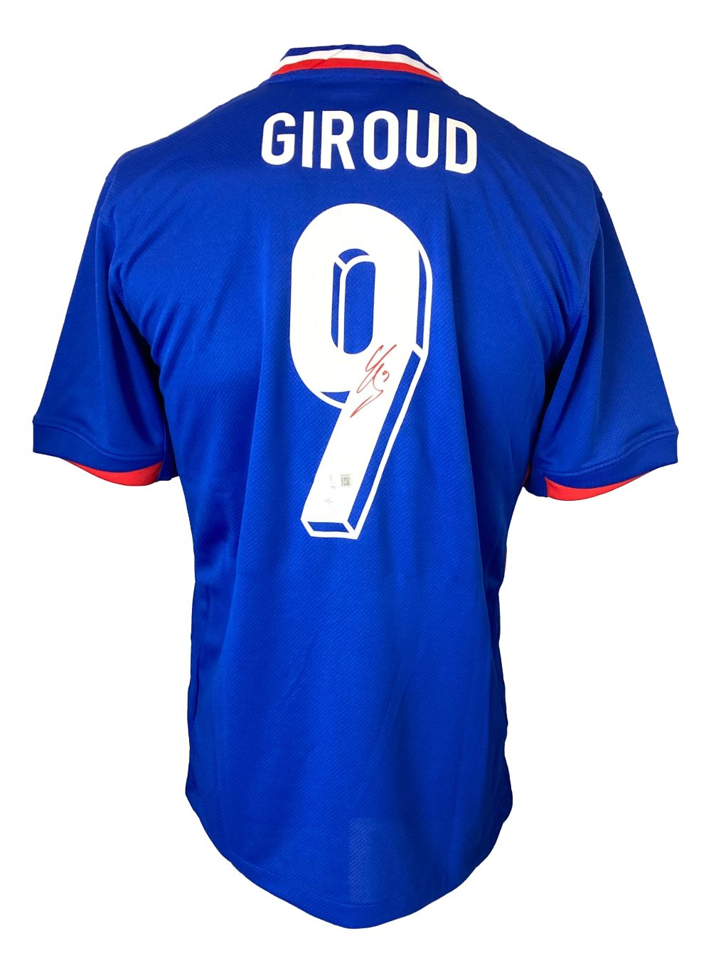 The Olivier Giroud Signed France Nike Soccer Jersey by Sports Integrity features “Giroud 9” on the back, blue with red and white trim, and includes his autograph in red ink.