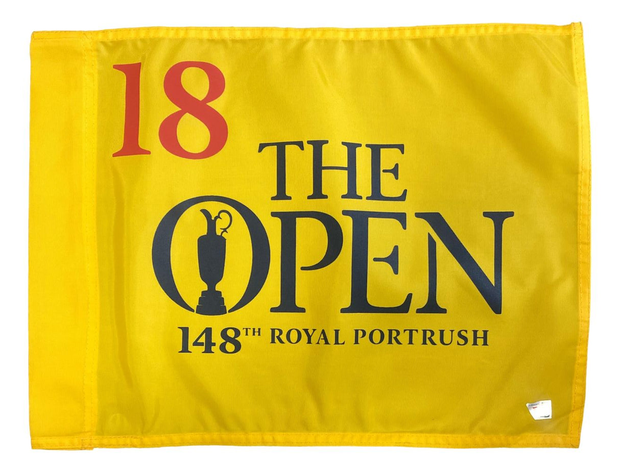 The Sports Integrity 148th Open Championship Royal Portrush PGA Event Issued Golf Pin Flag features a yellow design with '18' in red, The Open 148th Royal Portrush in black and blue, plus the tournament trophy silhouette.