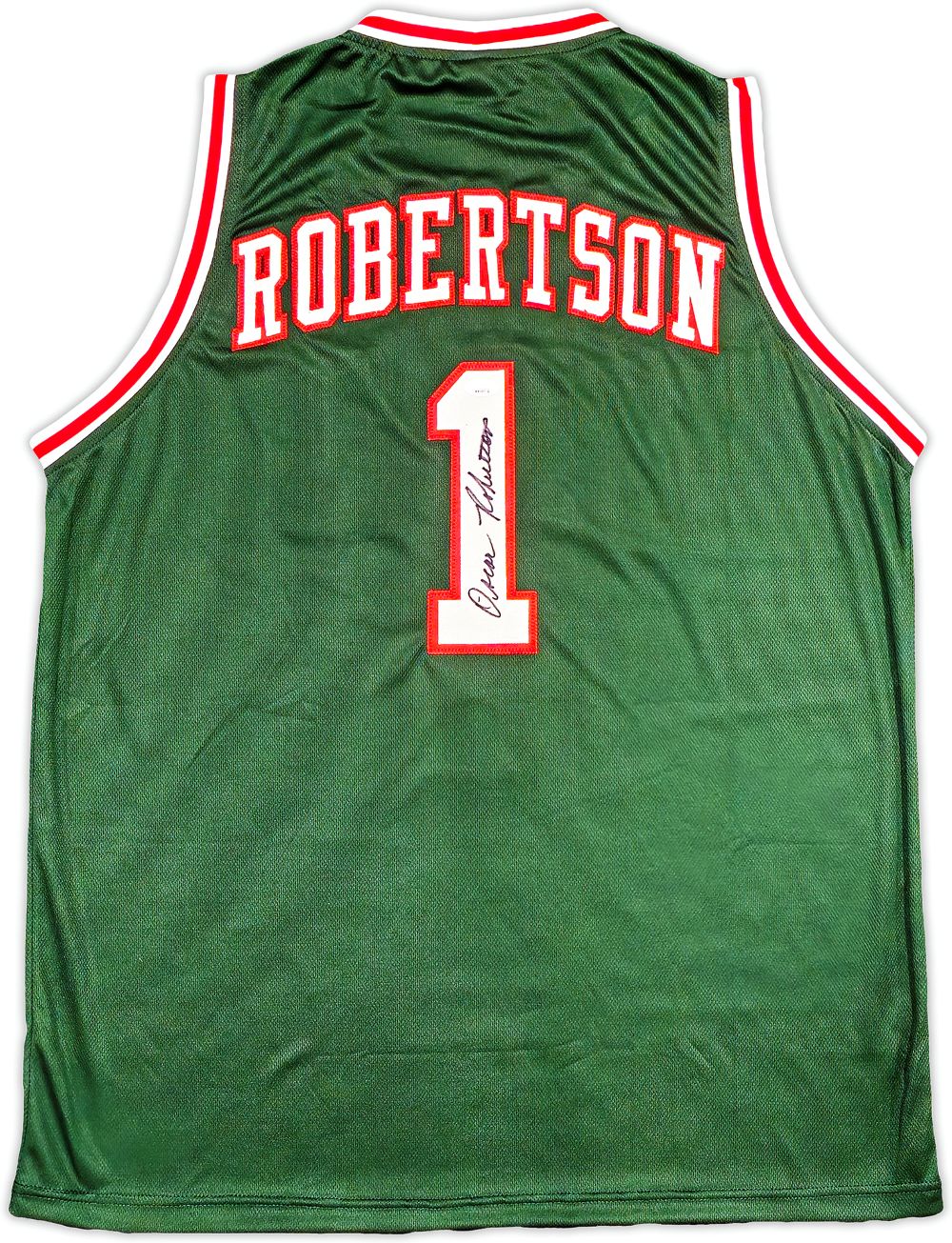 The Sports Integrity Oscar Robertson Milwaukee Signed Green Basketball Jersey features white and red trim, "ROBERTSON" and a white number 1, both on the back, with a signature. JSA authenticated.