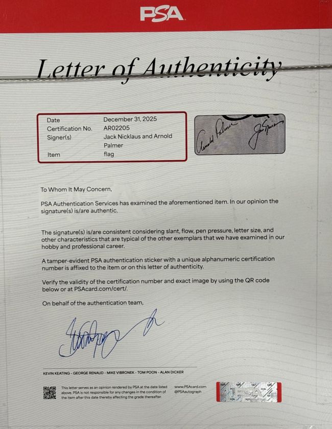 Arnold Palmer Jack Nicklaus Signed Framed King & Bear Golf Flag PSA/DNA LOA