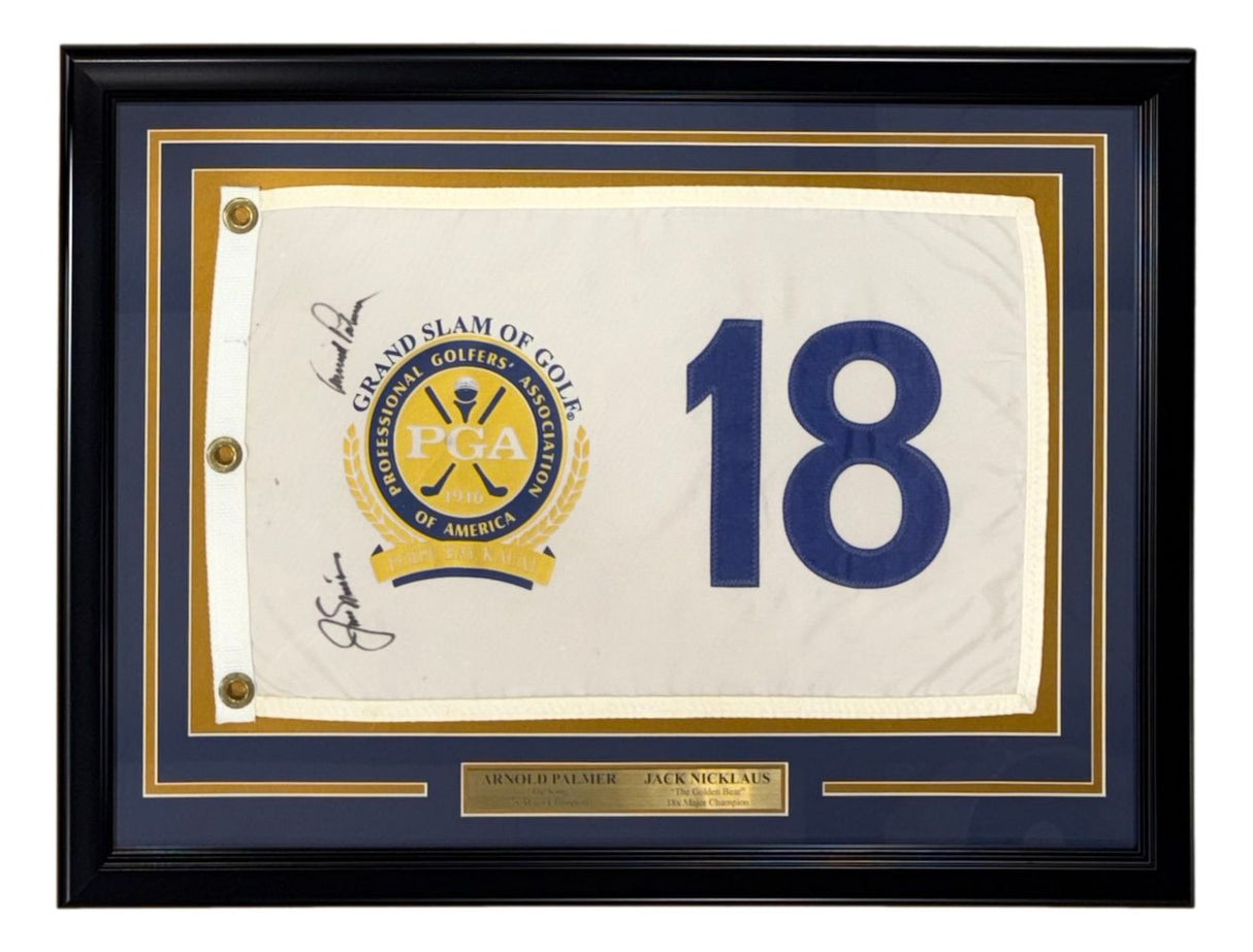 Arnold Palmer Jack Nicklaus Signed Framed Grand Slam Of Golf Flag BAS LOA