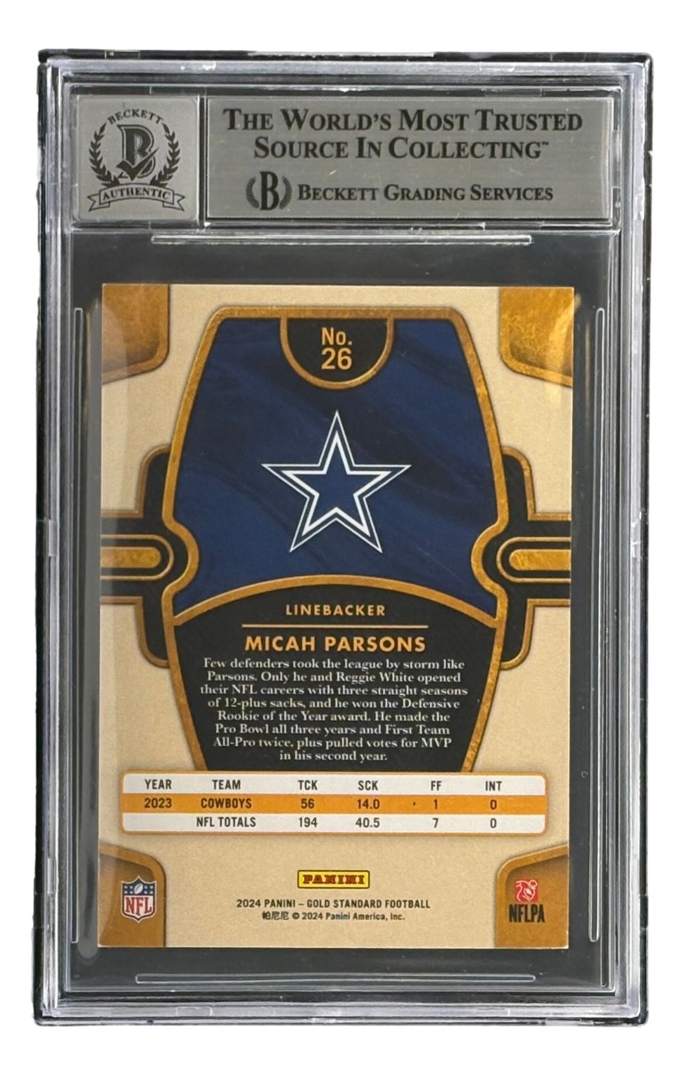 Micah Parsons Signed 2021 Gold Standard #26 Cowboys Rookie Card BAS 9 Auto 10