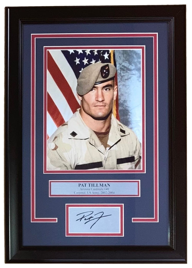 The Sports Integrity Pat Tillman Framed 8x10 US Army Photo features a portrait with an American flag background and includes a laser engraved signature.