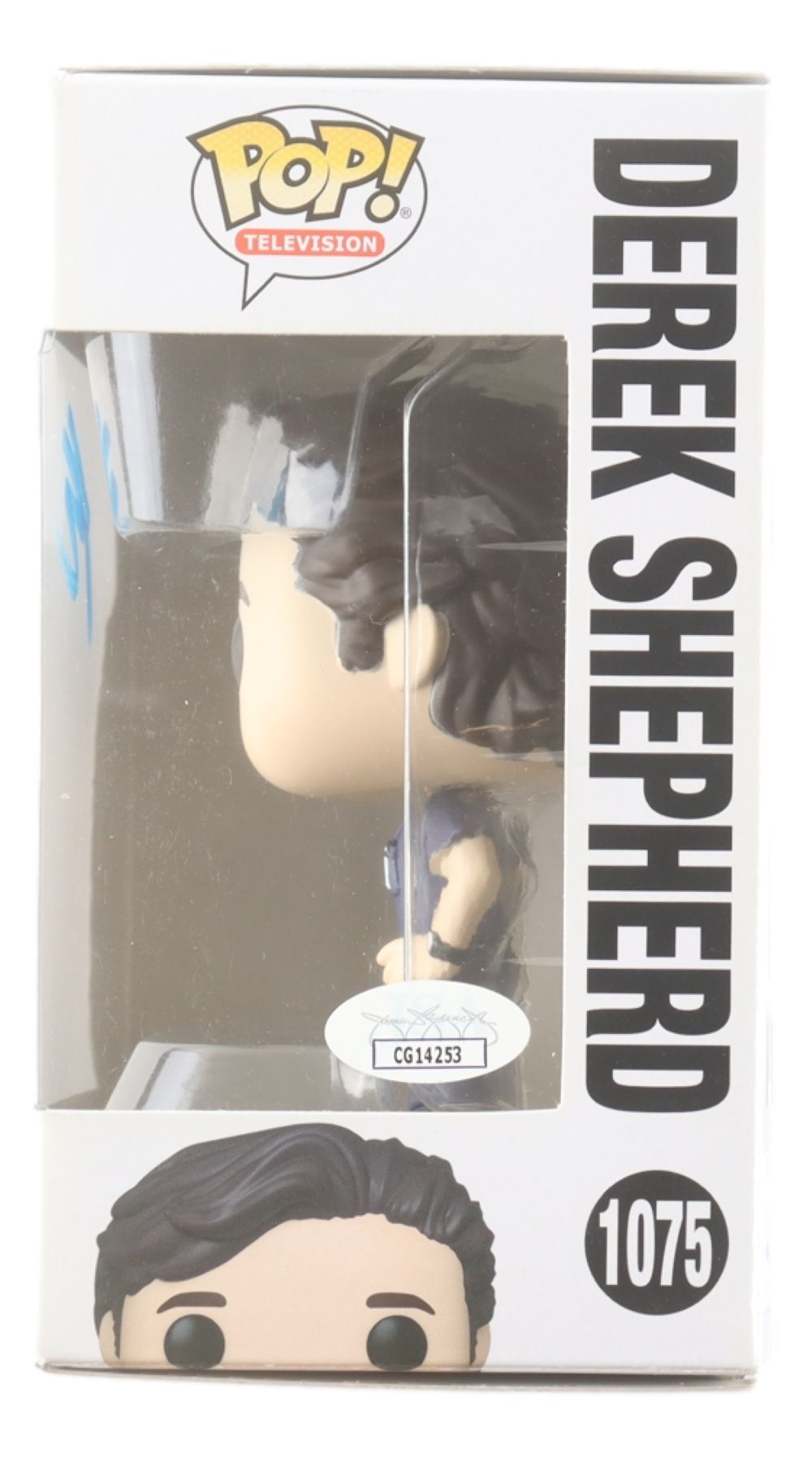 A Patrick Dempsey signed Grey's Anatomy Funko Pop #1075 by Sports Integrity is displayed in its box, featuring a clear window and bold character name on the front.