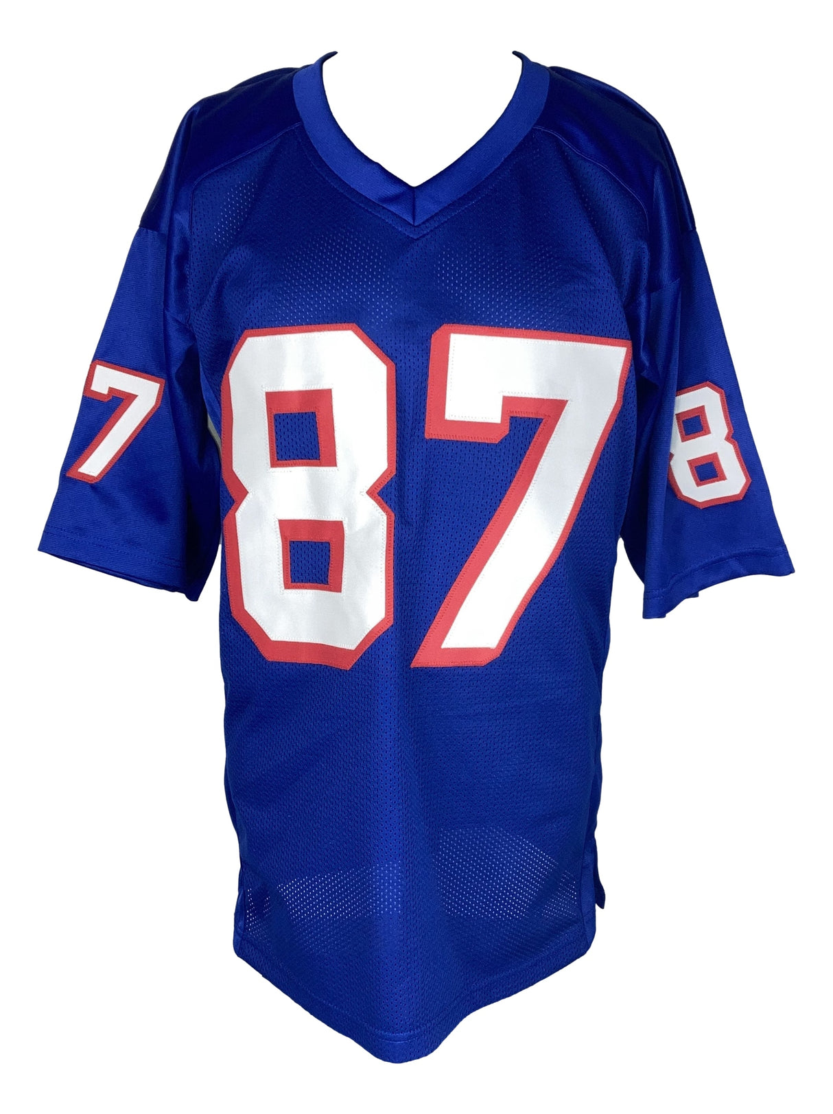 The Sports Integrity Ben Coates New England Signed Blue Football Jersey features white and red number 87 on the front and sleeves, shown on a white background, and comes with a JSA hologram.