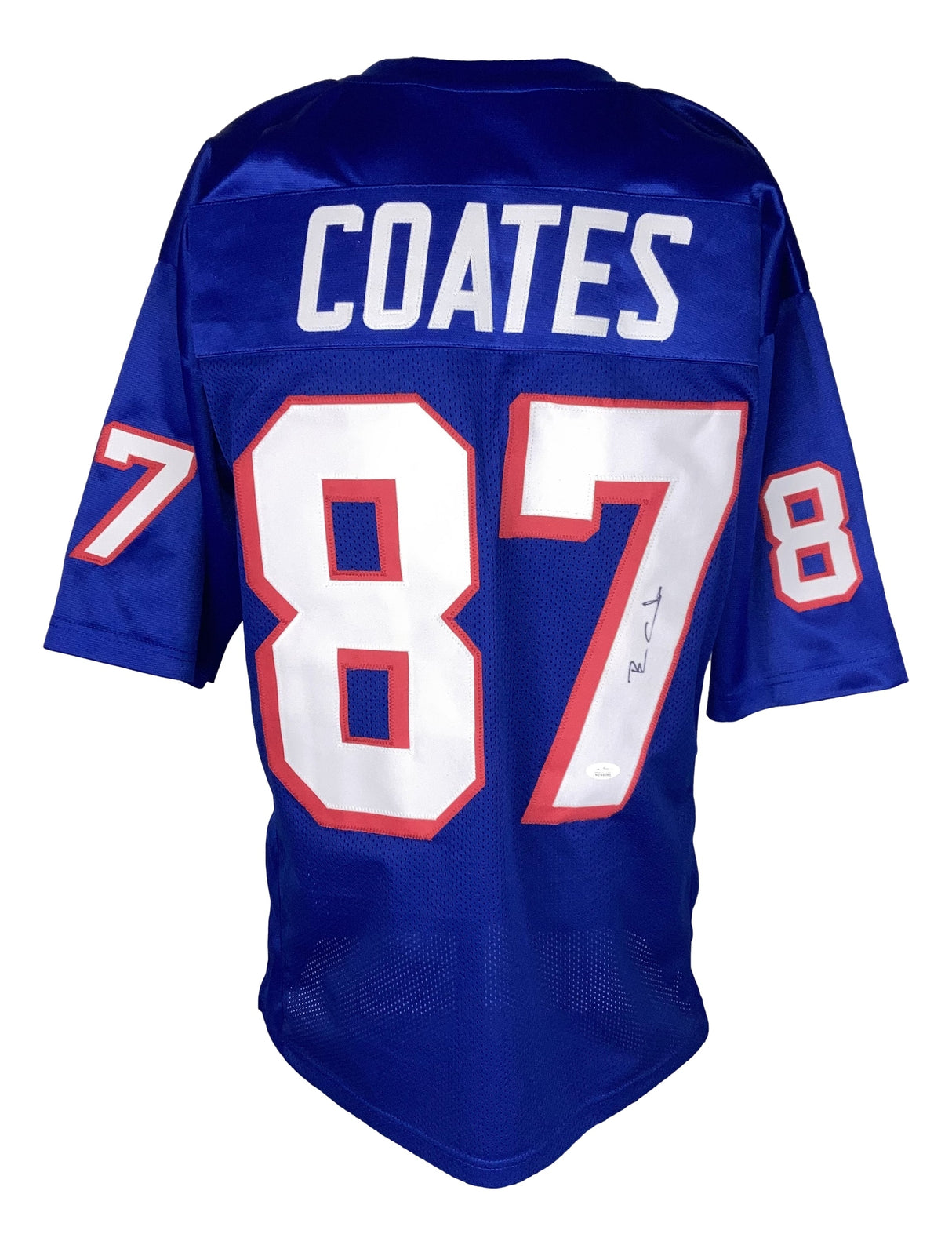 The Sports Integrity Ben Coates New England Signed Blue Football Jersey features COATES and 87 in white with red trim, 87 on the sleeves, and a JSA-authenticated autograph on the back.
