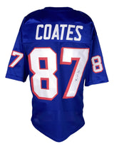 The Sports Integrity Ben Coates New England Signed Blue Football Jersey features COATES and 87 in white with red trim, 87 on the sleeves, and a JSA-authenticated autograph on the back.