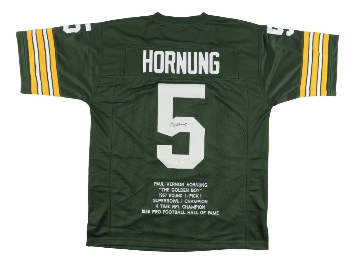 Paul Hornung Green Bay Signed Green Stat Football Jersey JSA