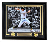 The Sports Integrity Paul Skenes Signed Framed 16x20 Pittsburgh Pirates Photo features Skenes mid-throw, signed in blue ink with two gold Pirates logos and a nameplate, and includes an MLB hologram.