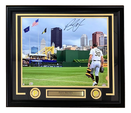 The Sports Integrity Paul Skenes Signed Framed 16x20 Pittsburgh Pirates Debut Photo features Skenes in uniform with city skyline, flags, two team logos, a nameplate, and MLB hologram.