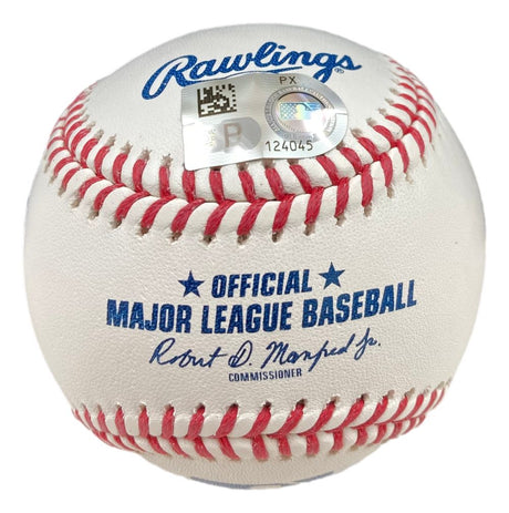 A Paul Skenes Pittsburgh Pirates signed Official MLB Baseball by Sports Integrity, featuring red stitching, blue printed text, a hologram on top, and Commissioner Robert D. Manfred Jr.’s signature below the logo.