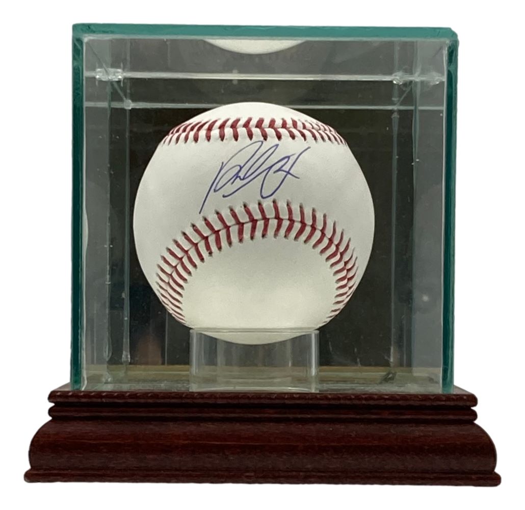The Sports Integrity Paul Skenes Pittsburgh Pirates Signed Official MLB Baseball comes with a blue-ink signature and is showcased in a clear glass case with a dark wooden base, complete with MLB hologram authentication.