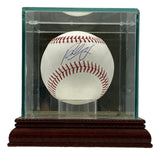 The Sports Integrity Paul Skenes Pittsburgh Pirates Signed Official MLB Baseball comes with a blue-ink signature and is showcased in a clear glass case with a dark wooden base, complete with MLB hologram authentication.