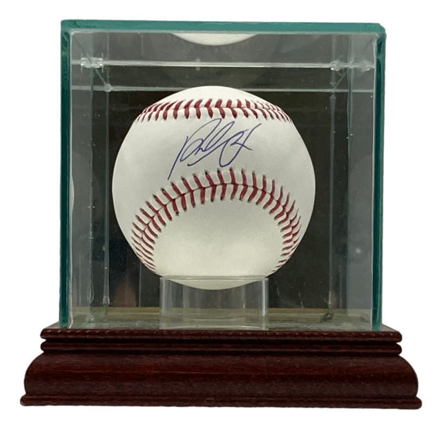 The Sports Integrity Paul Skenes Pittsburgh Pirates Signed Official MLB Baseball comes with a blue-ink signature and is showcased in a clear glass case with a dark wooden base, complete with MLB hologram authentication.