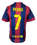 The Sports Integrity Pedro Signed Barcelona Nike Soccer Jersey BAS features blue and maroon stripes, PEDRO and number 7 in yellow on the back, a signature, and the UNICEF logo near the bottom.