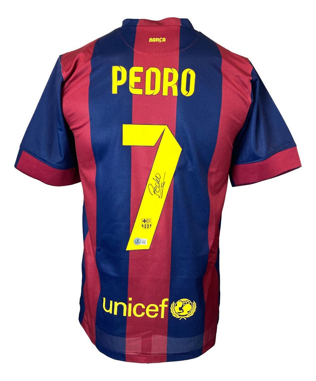 The Sports Integrity Pedro Signed Barcelona Nike Soccer Jersey BAS features blue and maroon stripes, PEDRO and number 7 in yellow on the back, a signature, and the UNICEF logo near the bottom.