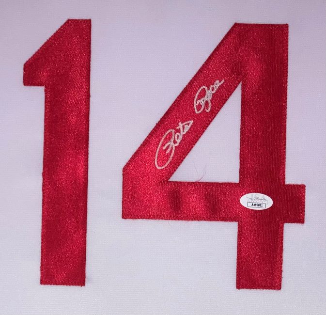 The Sports Integrity Pete Rose Cincinnati Signed Framed White Baseball Jersey features a large red number 14 on white, with Pete Rose's autograph and a JSA hologram sticker on the lower right of the number 4.