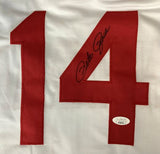 The Sports Integrity Pete Rose Cincinnati Signed in Black White Baseball Jersey (JSA) features a large red number 14 with Pete Rose's black autograph on the number 4 and an authentication sticker near its bottom right.