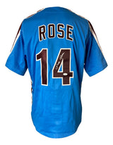 The Sports Integrity Pete Rose Philadelphia Signed Blue Baseball Jersey features “ROSE” and number 14 in white and brown on the back, with a white autograph on the 4, plus white and brown sleeve stripes. Includes JSA hologram.