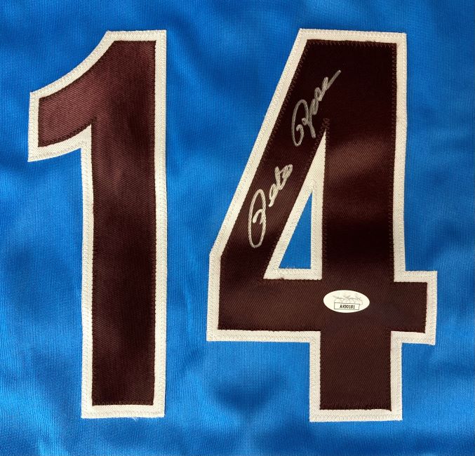 The Sports Integrity Pete Rose Philadelphia Signed Blue Baseball Jersey features a large brown number 14 with a white outline, #4 autographed in white, and includes a JSA hologram for authentication.