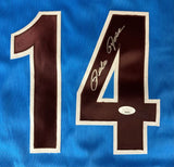 The Sports Integrity Pete Rose Philadelphia Signed Blue Baseball Jersey features a large brown number 14 with a white outline, #4 autographed in white, and includes a JSA hologram for authentication.