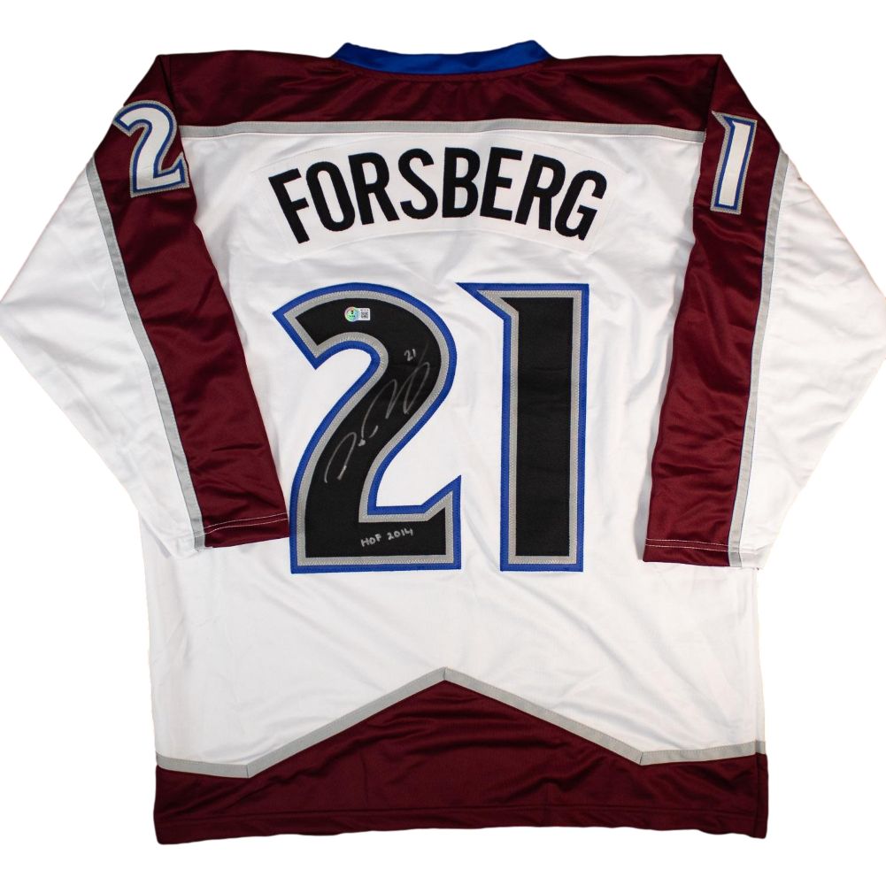 Peter Forsberg Colorado Signed White Hockey Jersey HOF 14 BAS