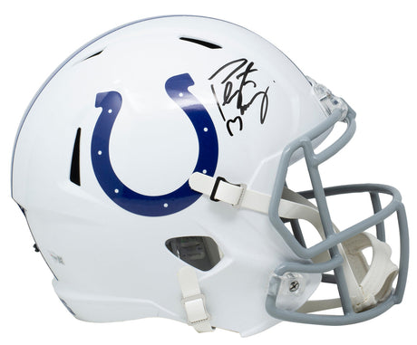 The Sports Integrity Peyton Manning Signed Indianapolis Colts Full Size Speed Replica Helmet features a white shell, blue horseshoe logo, and authentic black autograph.