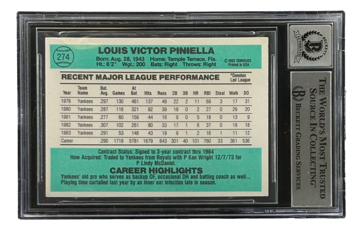 Lou Piniella Signed 1984 Donruss #274 New York Yankees Trading Card BAS Auto 10