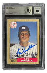 Sports Integrity Lou Piniella Signed 1987 Topps #168 Yankees Card features his blue ink autograph, graded BAS Auto 10, and comes in a protective case.