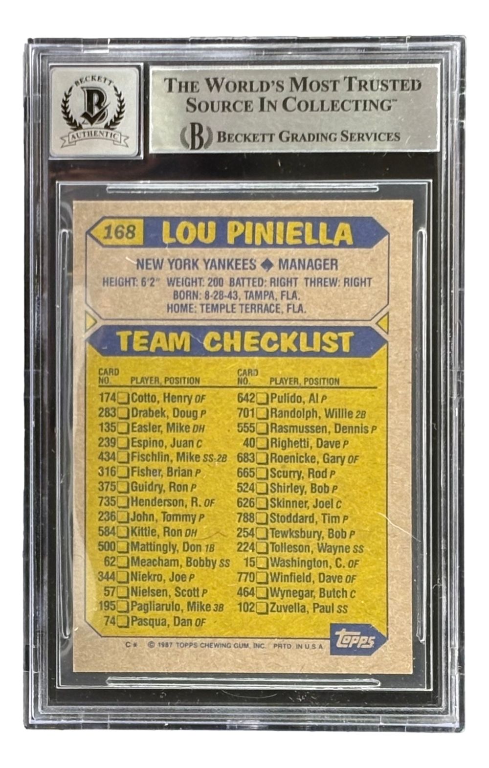 A Lou Piniella signed 1987 Topps #168 New York Yankees trading card, graded BAS Auto 10 by Sports Integrity, features the team checklist and comes encased in a Beckett holder.