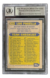 A Lou Piniella signed 1987 Topps #168 New York Yankees trading card, graded BAS Auto 10 by Sports Integrity, features the team checklist and comes encased in a Beckett holder.