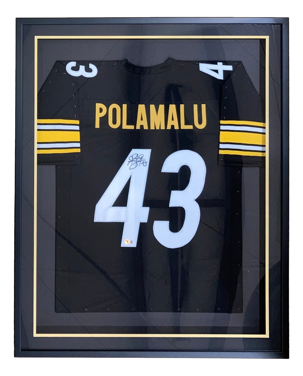 Sports Integrity Troy Polamalu Pittsburgh custom black jersey, framed with gold trim, features his name and number 43, signed on the number 4, BAS ITP authenticated.