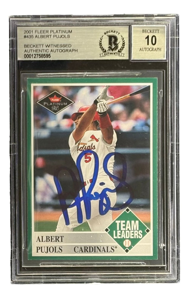 The Sports Integrity Albert Pujols Signed 2001 Fleer Platinum #435 Cardinals Rookie Card features a blue marker autograph graded BAS Auto 10, encased in a protective holder.