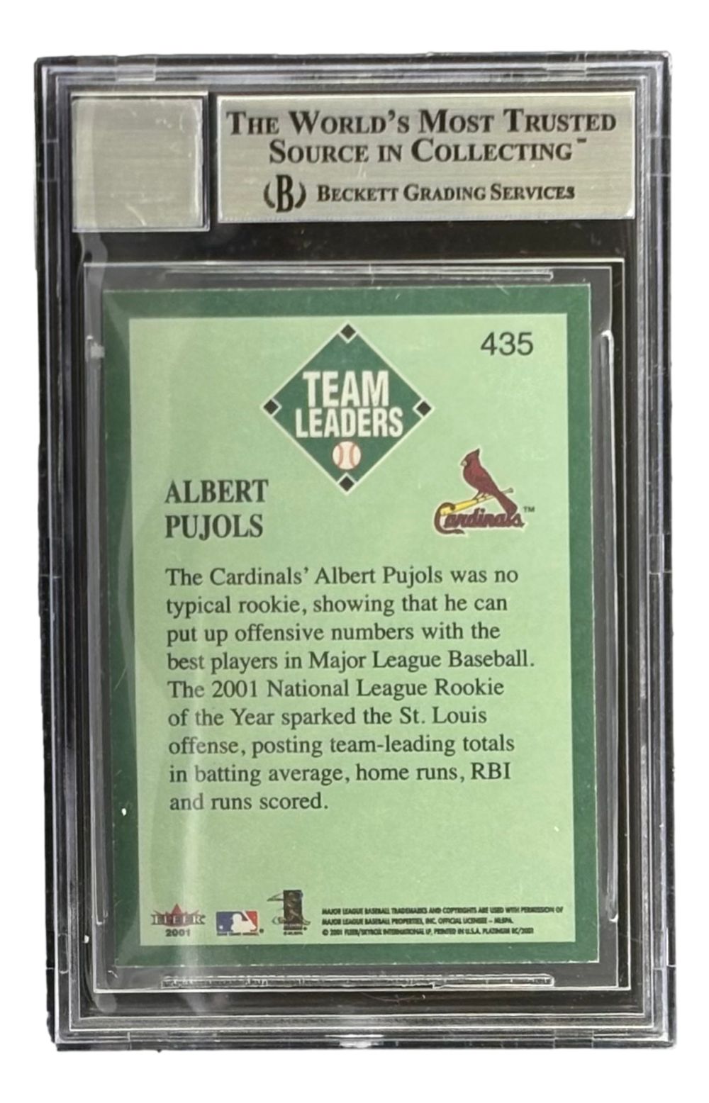 The Sports Integrity Albert Pujols Signed 2001 Fleer Platinum #435 Cardinals Rookie Card features a BAS Auto 10 grade and highlights his rookie achievements and stats.