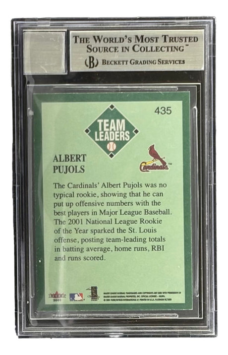 The Sports Integrity Albert Pujols Signed 2001 Fleer Platinum #435 Cardinals Rookie Card features a BAS Auto 10 grade and highlights his rookie achievements and stats.