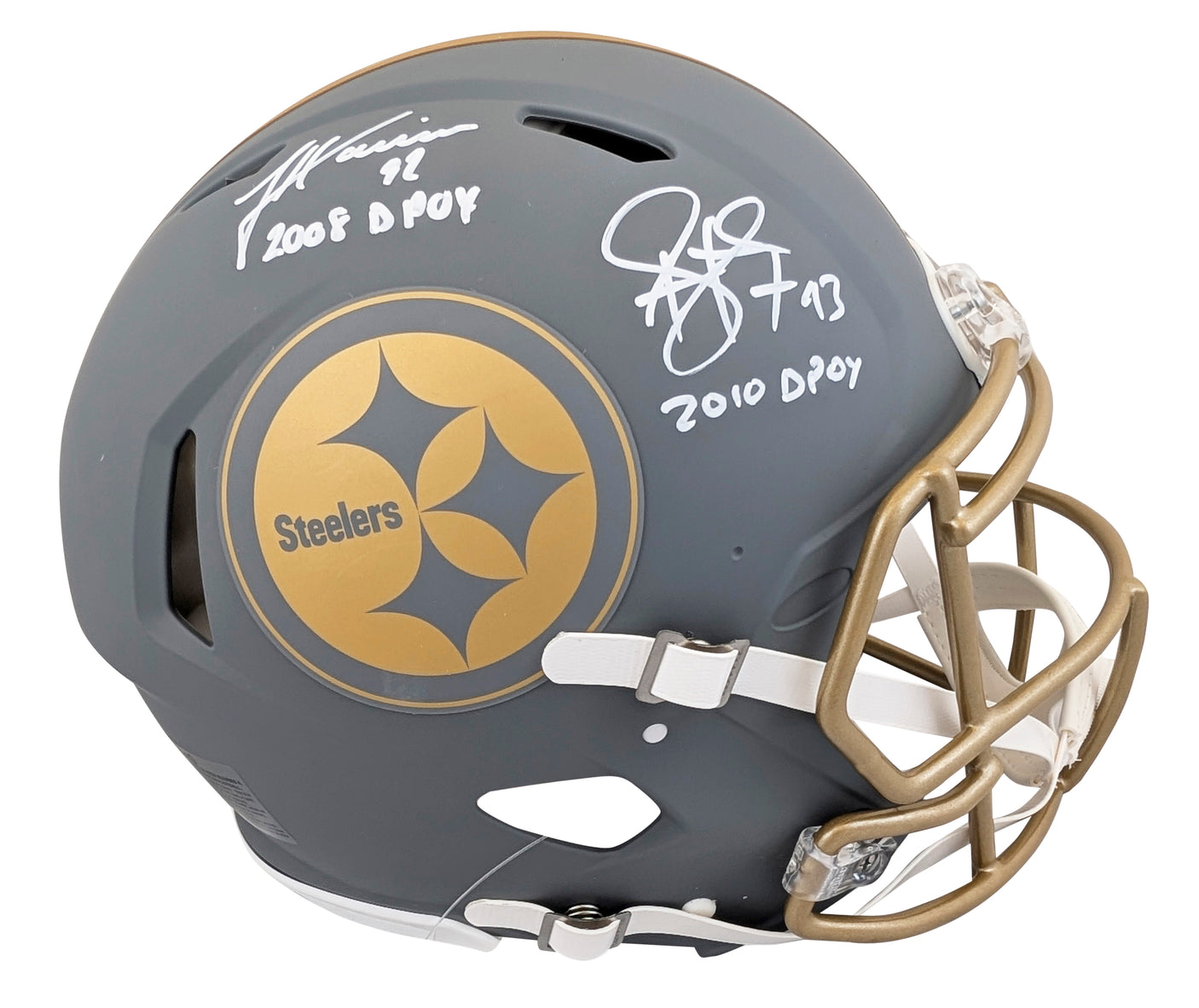 Steelers Harrison & Polamalu Signed Slate F/S Speed Proline Helmet W/ Case BAS W