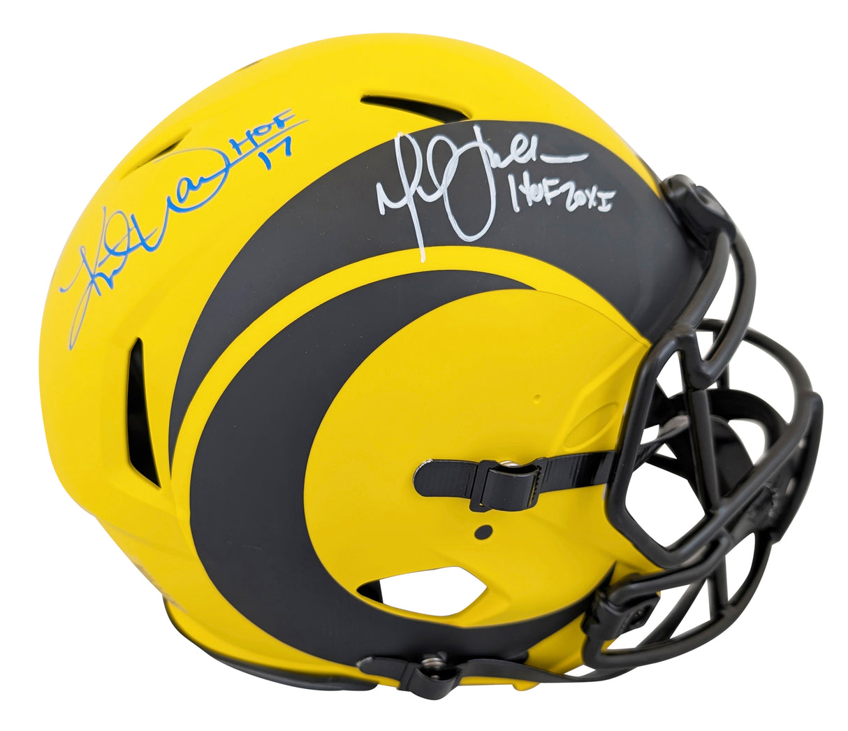 Rams Marshall Faulk & Kurt Warner "HOF" Signed Rave F/S Speed Proline Helmet BAS