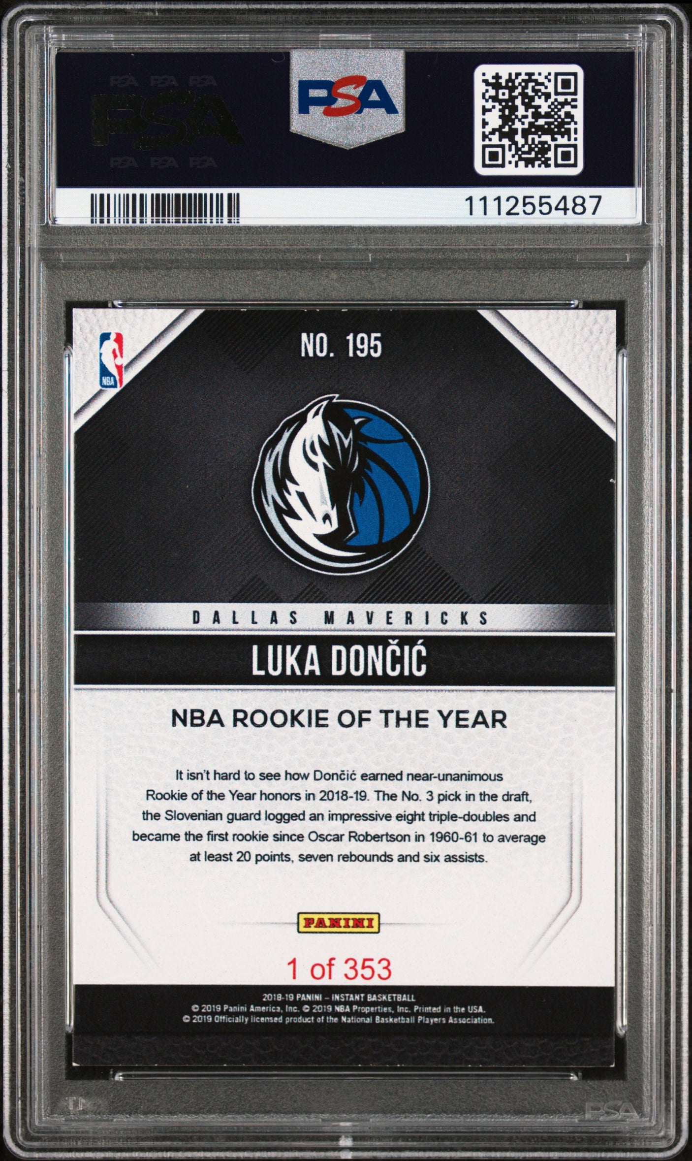 Mavericks Luka Doncic Signed 2018 Panini Instant #195 Rookie Card PSA Slabbed 1