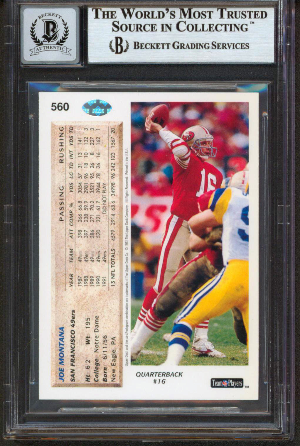 49ers Joe Montana Signed 1992 Upper Deck #560 Card Auto Graded 10! BAS Slabbed