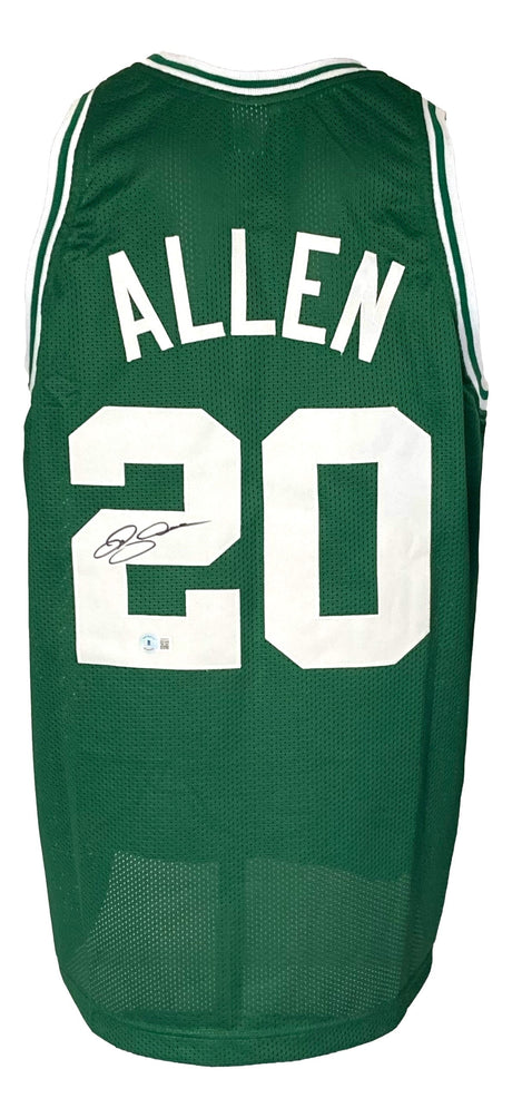 The Sports Integrity Ray Allen Boston Signed Green Basketball Jersey BAS ITP features white trim, the name ALLEN and number 20, plus Ray Allen’s autograph on the left side of the number 2.